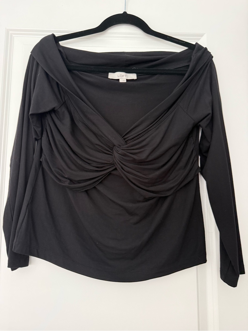 LOFT Black Long-Sleeve Twist-Knot Draped Top